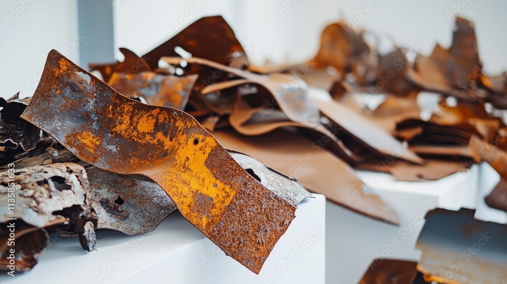 Aufkleber textured rusty metal sheets with varied colors and patterns stacked artistically in a creative displ