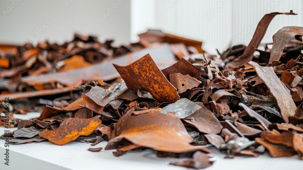 Poster collection of rusted metal sheets and scrap rusty textured material piled together displaying indust