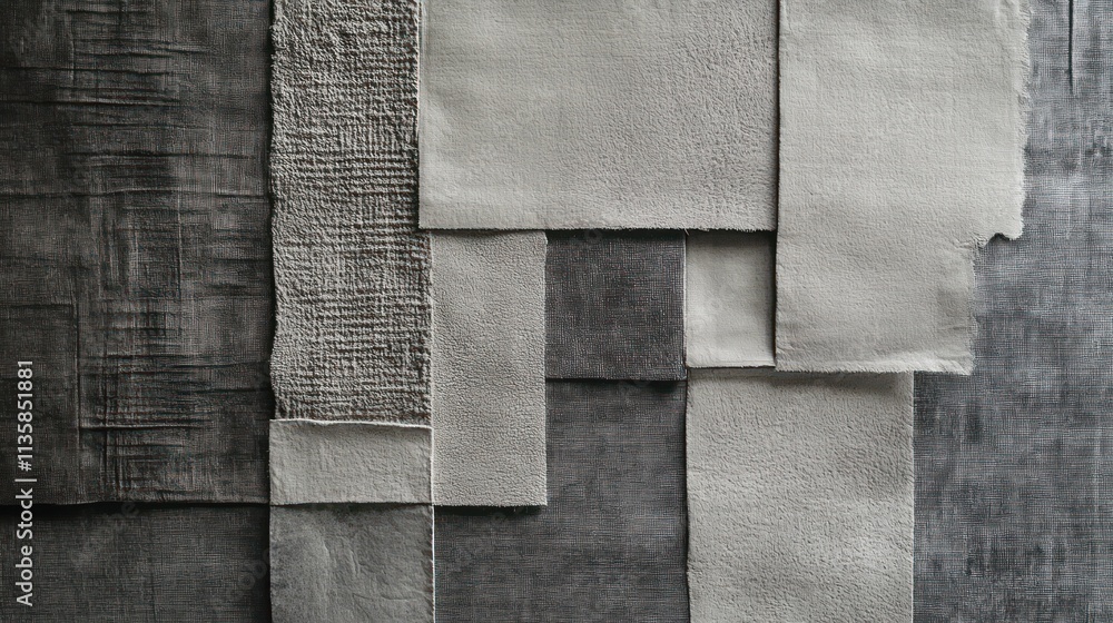 Poster a textured arrangement of various paper sheets in neutral tones, showcasing design potential.