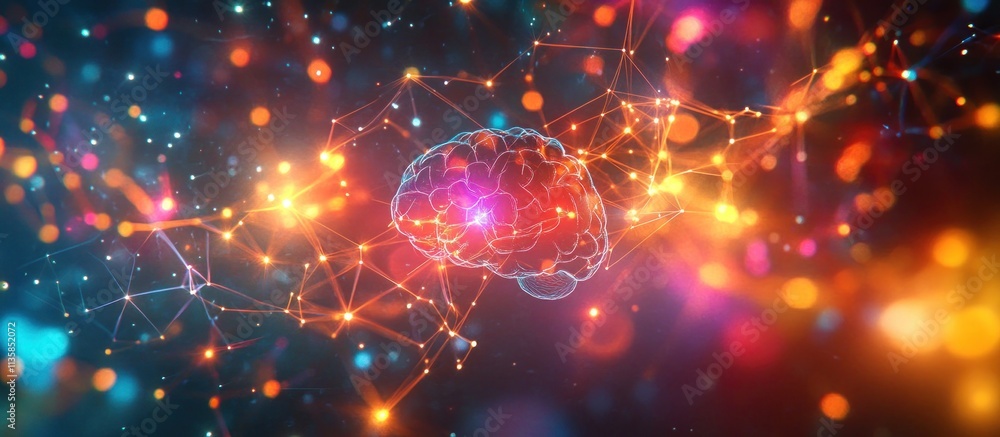 Poster a glowing human brain surrounded by a network of connected points of light.