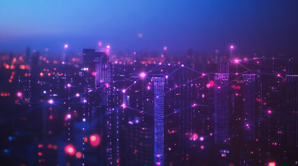 Obraz premium Smart digital Innovation city with connection network reciprocity over the cityscape. of future smart wireless digital city and social media networking systems that connects people with in city