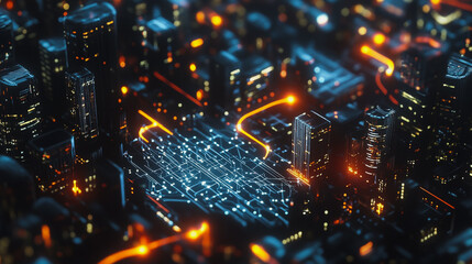 Obraz premium Smart digital Innovation city with connection network reciprocity over the cityscape. of future smart wireless digital city and social media networking systems that connects people with in city