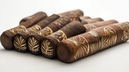 Handcrafted Wooden Cylinders with Intricate Floral Designs, Perfect for Home Decor or Artisan Market Display, Natural Texture and Warm Tones for Unique Aesthetic Appeal