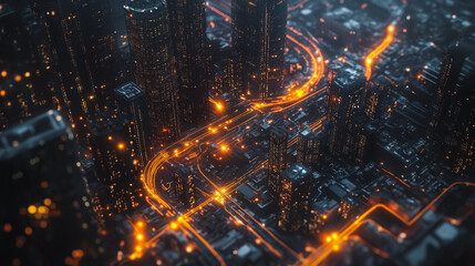 Fototapeta premium Smart digital Innovation city with connection network reciprocity over the cityscape. of future smart wireless digital city and social media networking systems that connects people with in city
