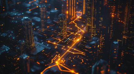 Smart digital Innovation city with connection network reciprocity over the cityscape. of future smart wireless digital city and social media networking systems that connects people with in city