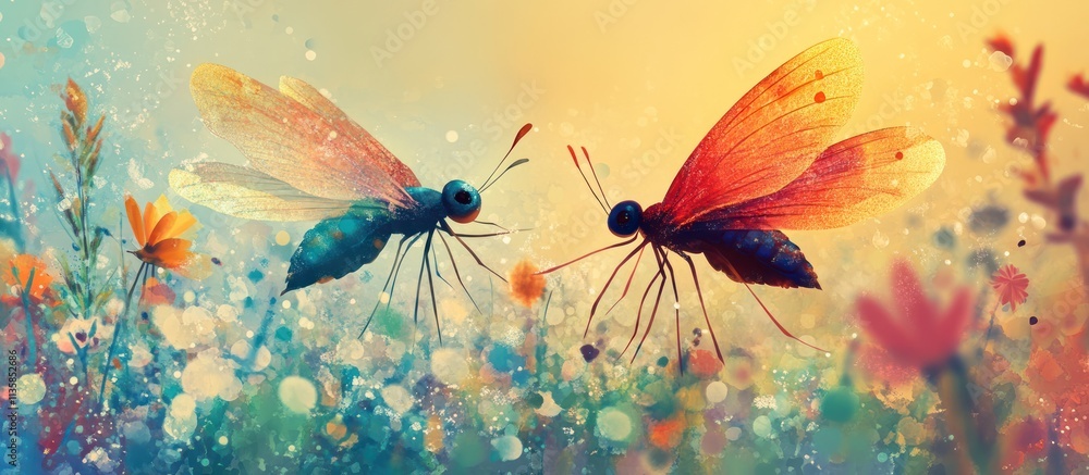 Poster two colorful butterflies with vibrant wings hovering over a field of flowers.
