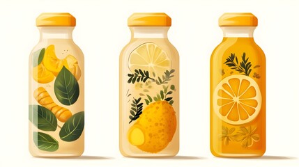 Refreshing citrus drink bottles studio setup digital illustration bright environment close-up view
