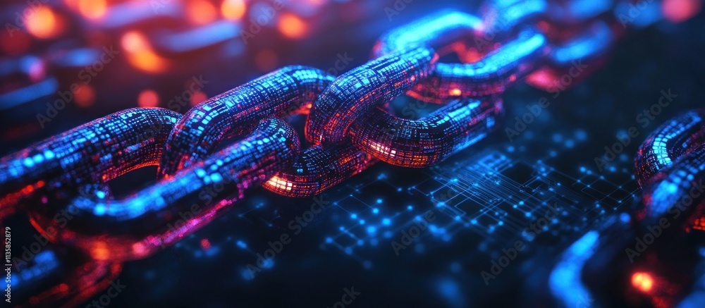 Poster close-up of a shiny metallic chain with digital data code links, glowing blue and red on a dark blue