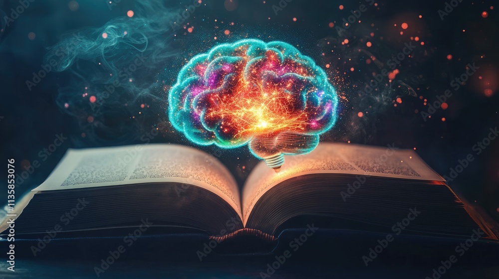 Poster imaginative concept of knowledge and creativity with open book and vibrant brain visualizing ideas a