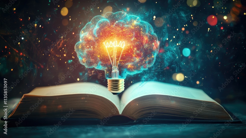 Aufkleber concept of creativity and knowledge represented by an open book with a glowing brain and light bulb,