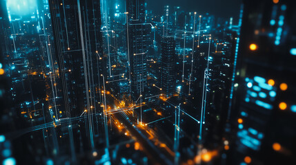 Smart digital Innovation city with connection network reciprocity over the cityscape. of future smart wireless digital city and social media networking systems that connects people with in city