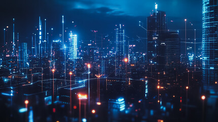 Smart digital Innovation city with connection network reciprocity over the cityscape. of future smart wireless digital city and social media networking systems that connects people with in city