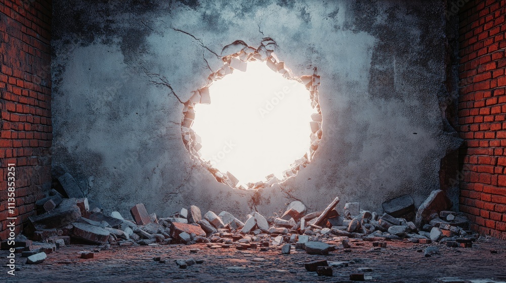 Poster destructive hole in wall creating a dramatic light effect with debris on the floor in an abandoned a