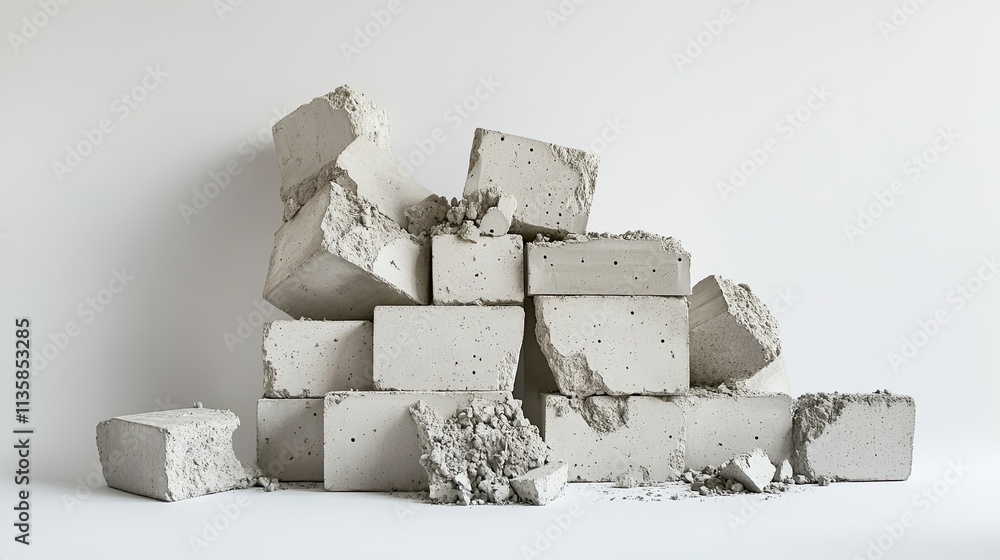 Poster stacked raw concrete blocks on surface with texture showing cracks and dust perfect for construction