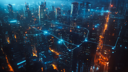 Obraz premium Smart digital Innovation city with connection network reciprocity over the cityscape. of future smart wireless digital city and social media networking systems that connects people with in city