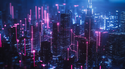Smart digital Innovation city with connection network reciprocity over the cityscape. of future smart wireless digital city and social media networking systems that connects people with in city