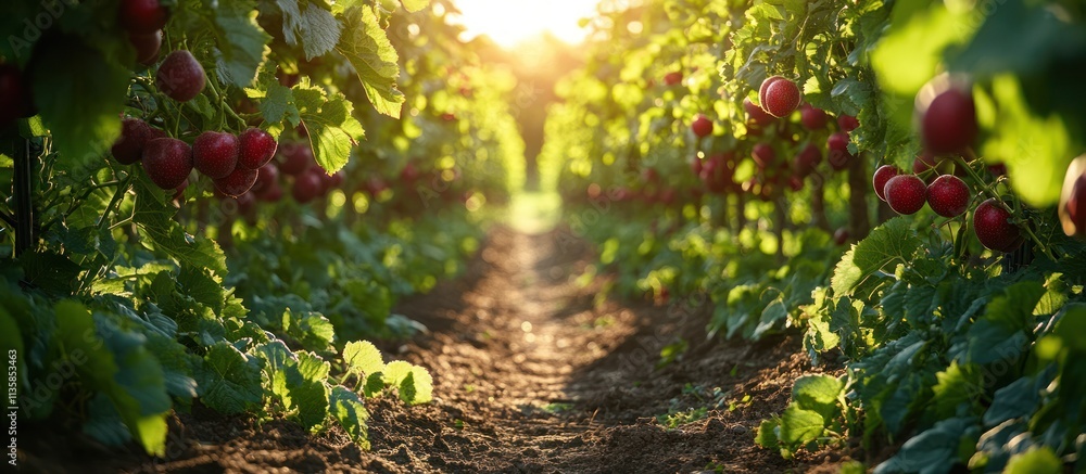 Poster rows of plum trees in a orchard with red plums and sunlight shining through the leaves.