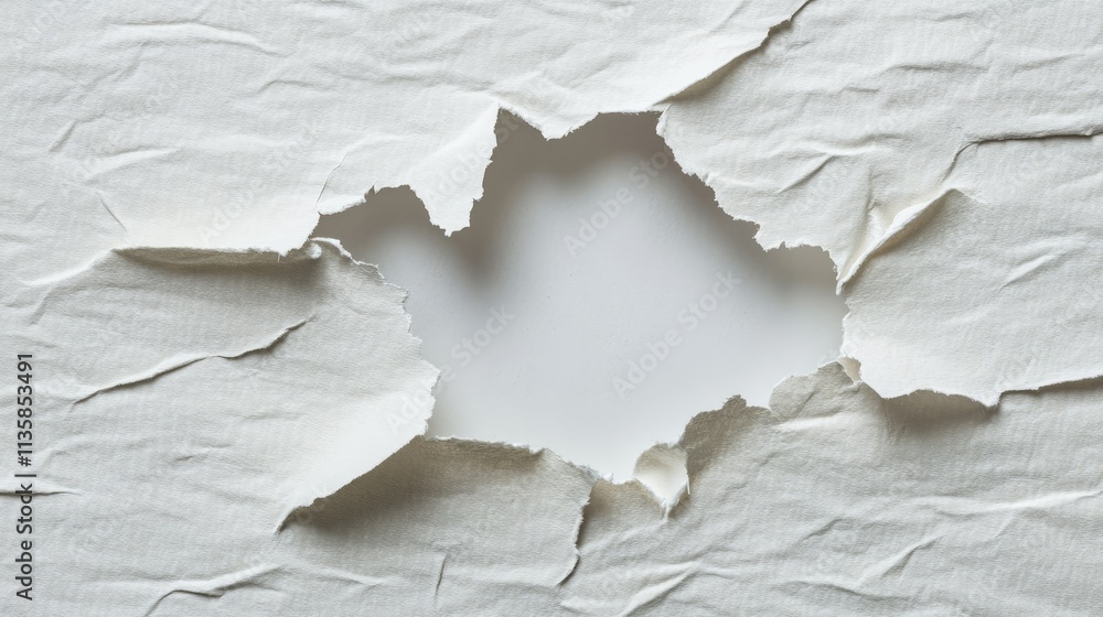 Poster torn paper with a jagged hole in the center, revealing a clean white background that adds a unique e