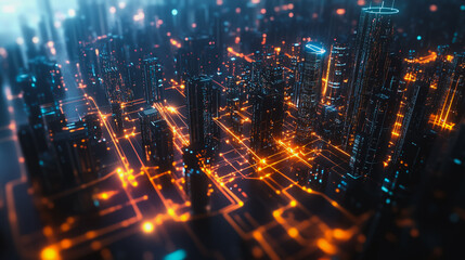 Obraz premium Smart digital Innovation city with connection network reciprocity over the cityscape. of future smart wireless digital city and social media networking systems that connects people with in city