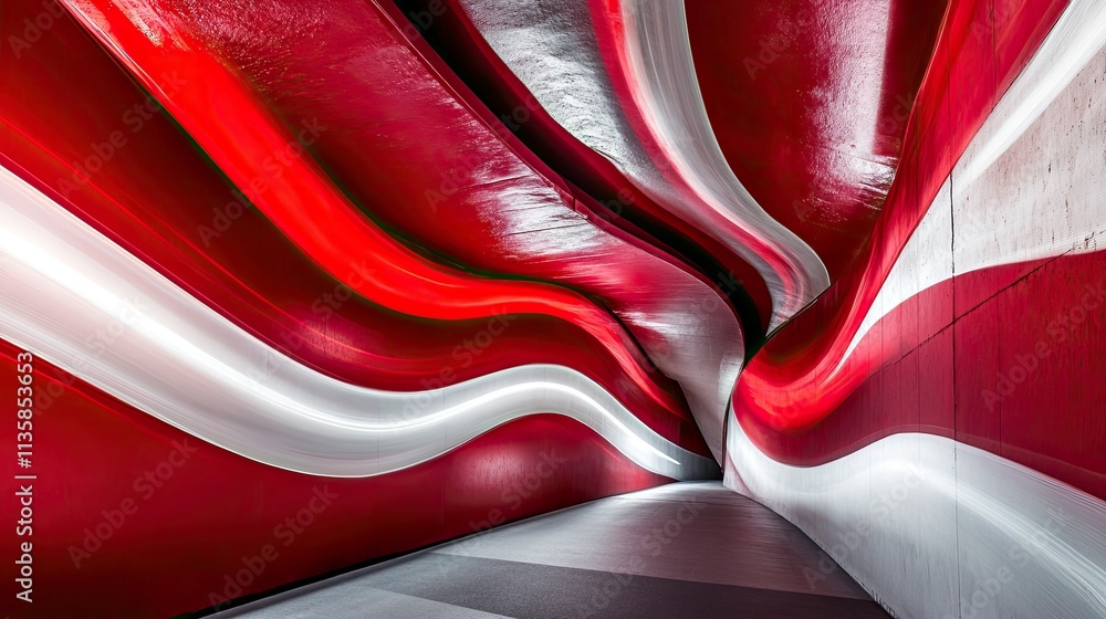 Poster abstract tunnel design with flowing red and white curved lines creating a dynamic and modern aesthet