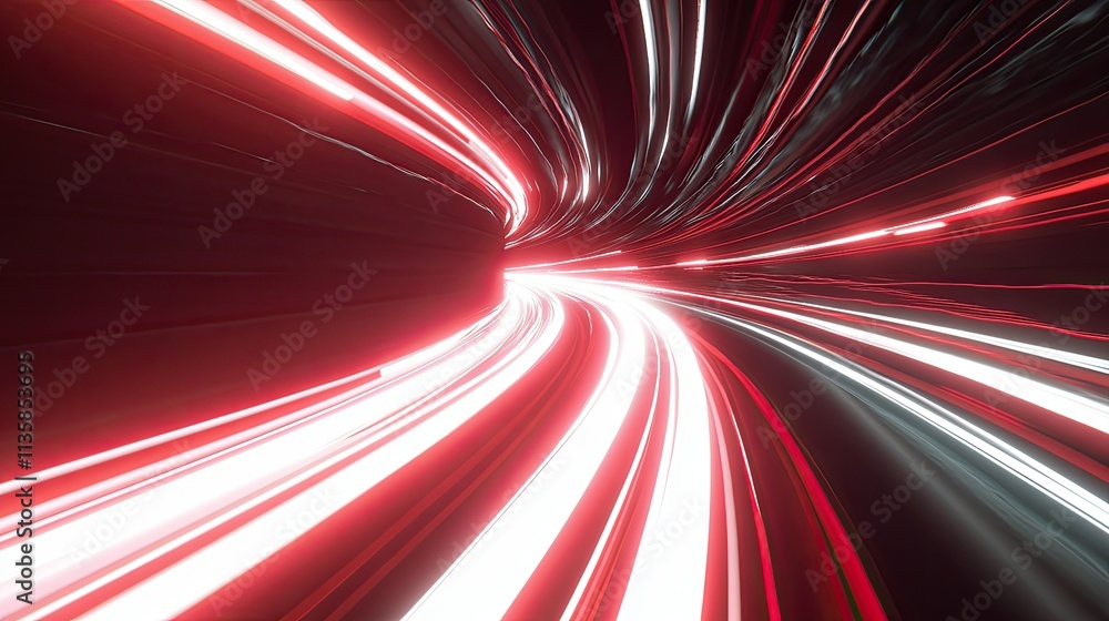 Poster Dynamic Light Trails in Motion, Abstract Background with Blurred Red and White Stripes Creating a Sense of Speed and Energy in a Dark Setting