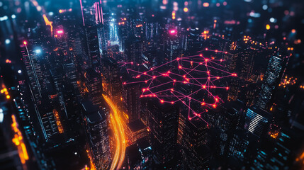 Smart digital Innovation city with connection network reciprocity over the cityscape. of future smart wireless digital city and social media networking systems that connects people with in city