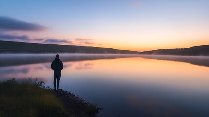 Fototapeta premium Serene Silhouette A Lone Figure Contemplating at the Edge of a Misty Lake During a Tranquil Sunrise