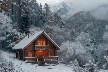 A warm, inviting cabin with lit windows sits in a snowy mountain forest, with a backdrop of a misty mountain range A cozy cabin nestled in the mountains