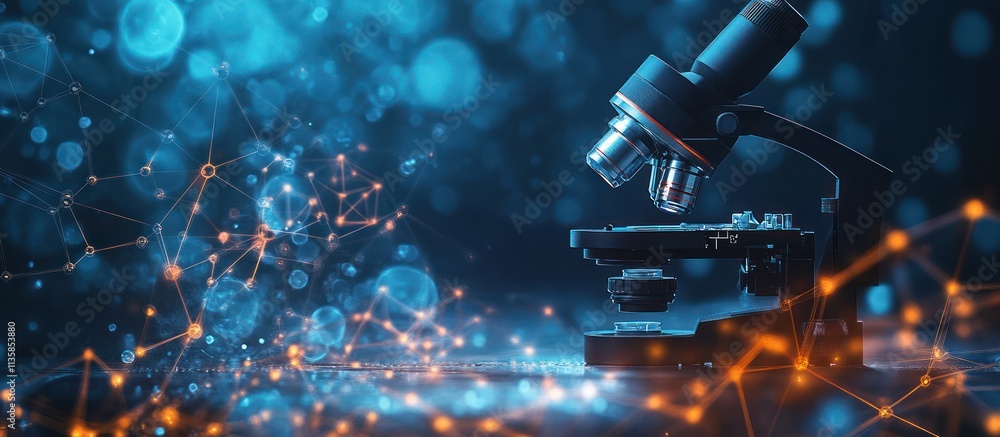 Poster microscope with bokeh and network background.