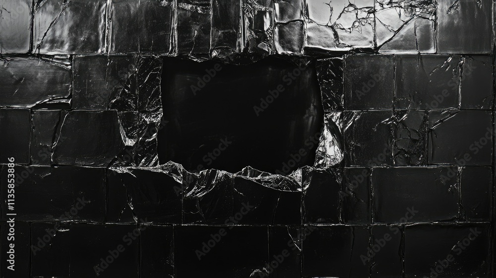 Poster abstract black wall with irregular opening, showcasing fragmented texture and smooth surface, emphas