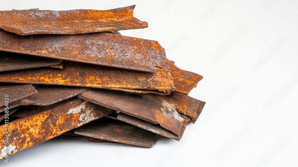 Poster pile of rusty metal sheets displaying various textures and colors, capturing the aesthetic of corros