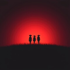 Fototapeta premium Silhouetted Women Sunset Landscape Mysterious Red Sky Dramatic Scene Three Figures Wid