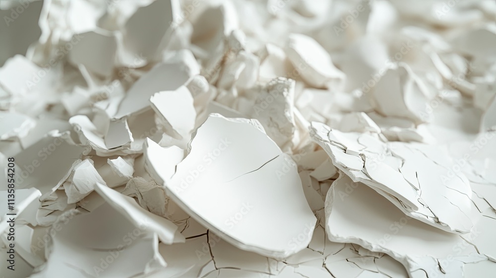 Poster delicate fragments of shattered white ceramic scattered on a neutral background, showcasing intricat