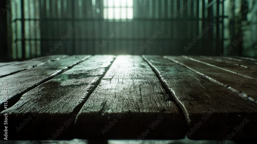 Poster atmospheric view of a wooden table in a dimly lit room with prison bars casting shadows and creating