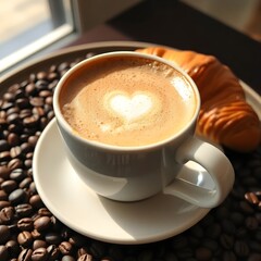 A frothy cappuccino served in a handmade ceramic cup, surrounded by coffee beans and a croissant, morning light.