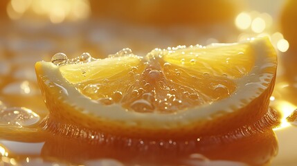 A radiant lemon slice captured in macro detail, glowing with translucent textures under soft backlighting, water droplets glistening, pastel yellow background providing a vibrant, sunny aesthetic,