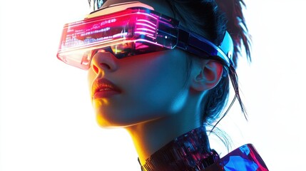 A futuristic woman in a sci-fi-inspired outfit and a bold neon-lit digital visor projecting data, on a white background