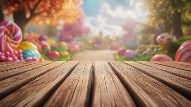 Enchanted Candy Land with Colorful Candies, Lollipops, and a Scenic Pathway Surrounded by Lush Trees and a Dreamy Sky, Perfect for Whimsical Themes and Sweet Treat Concepts