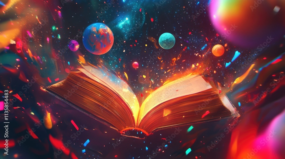 Poster enchanted book floating in space surrounded by colorful planets and cosmic dust, representing imagin