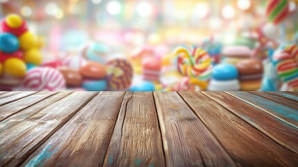 Fototapeta premium Vibrant Candy Wonderland with Colorful Treats Set Against a Rustic Wooden Surface and a Dreamy Blurred Background Full of Sweet Delights and Joyful Atmosphere