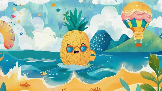 pineapple floating on ocean waves surrounded by tropical foliage, flowers, and a sunset over mountains. ai