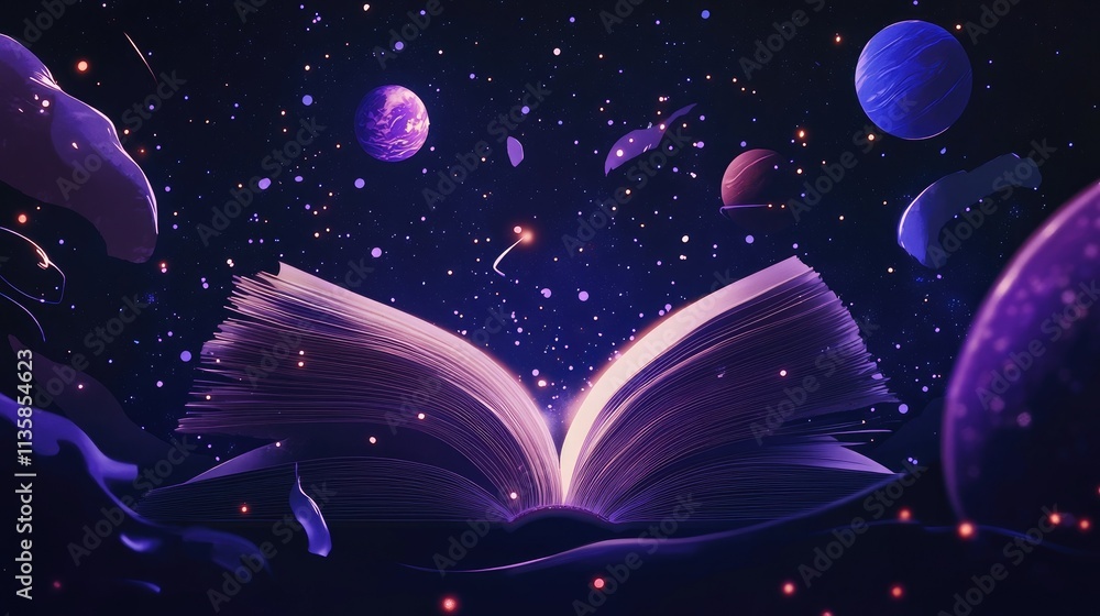 Poster a mystical open book surrounded by celestial bodies and cosmic elements, representing the boundless 