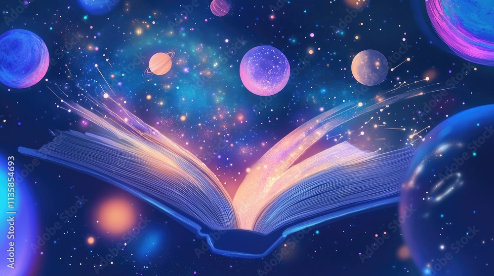 Poster enchanted open book with cosmic background and colorful planets, emitting radiant light and sparkles
