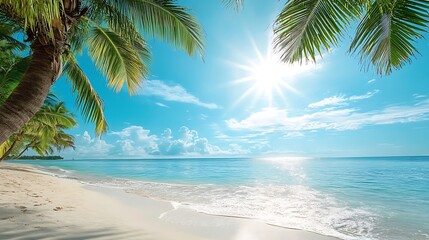 Tropical Beach Paradise. Sun drenched Beach with Palm Trees and Turquoise Water. Concept of Relaxation, Vacation, and Summer.