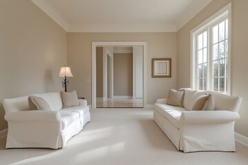 minimalistic classic living room with neutral-colored walls and elegant simple furniture