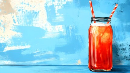 Refreshing summer drink with straws bright blue background artistic illustration