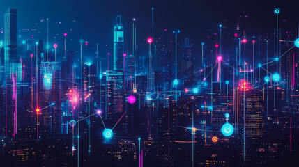Obraz premium Smart digital Innovation city with connection network reciprocity over the cityscape. of future smart wireless digital city and social media networking systems that connects people with in city