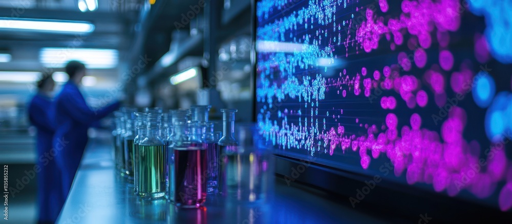 Poster a close up of beakers filled with colorful liquids with a computer screen in the background in a sci