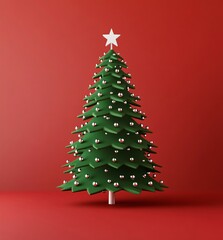 Obraz premium Minimalist Green Christmas Tree Red Background 3D Render