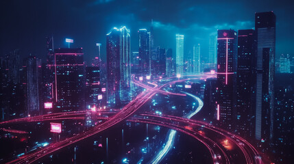 Fototapeta premium Smart digital Innovation city with connection network reciprocity over the cityscape. of future smart wireless digital city and social media networking systems that connects people with in city